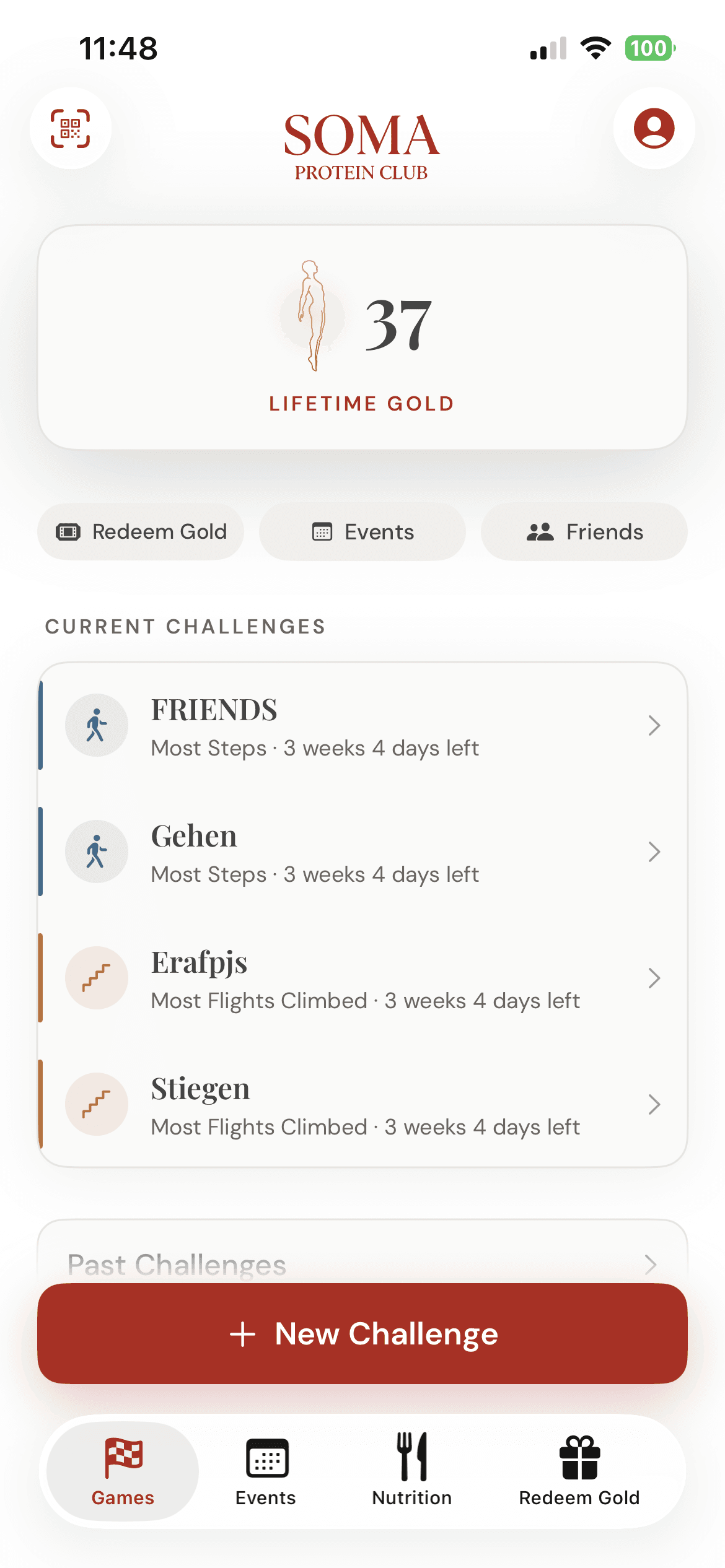 SOMA app Games screen showing Lifetime Gold and current challenges