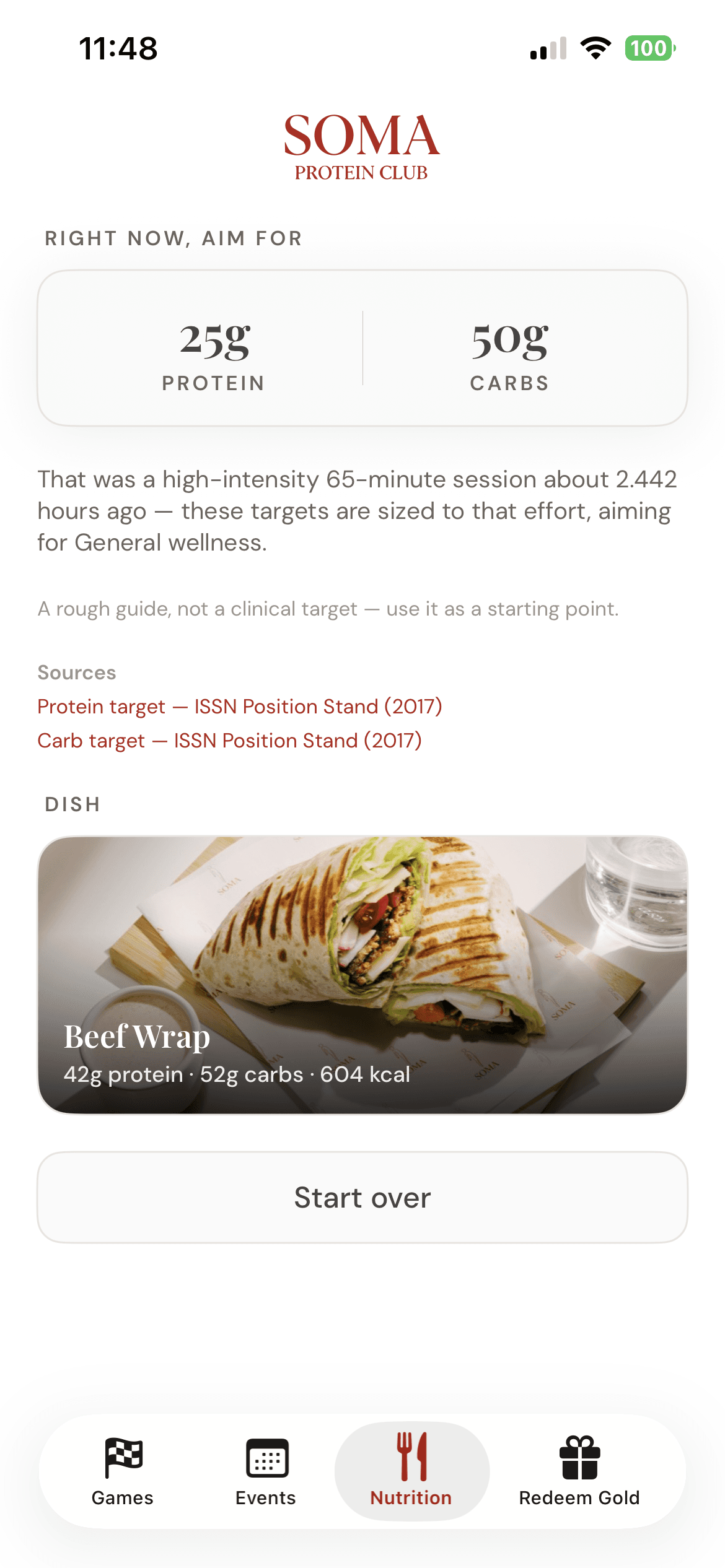 SOMA app Nutrition screen recommending a dish after a workout