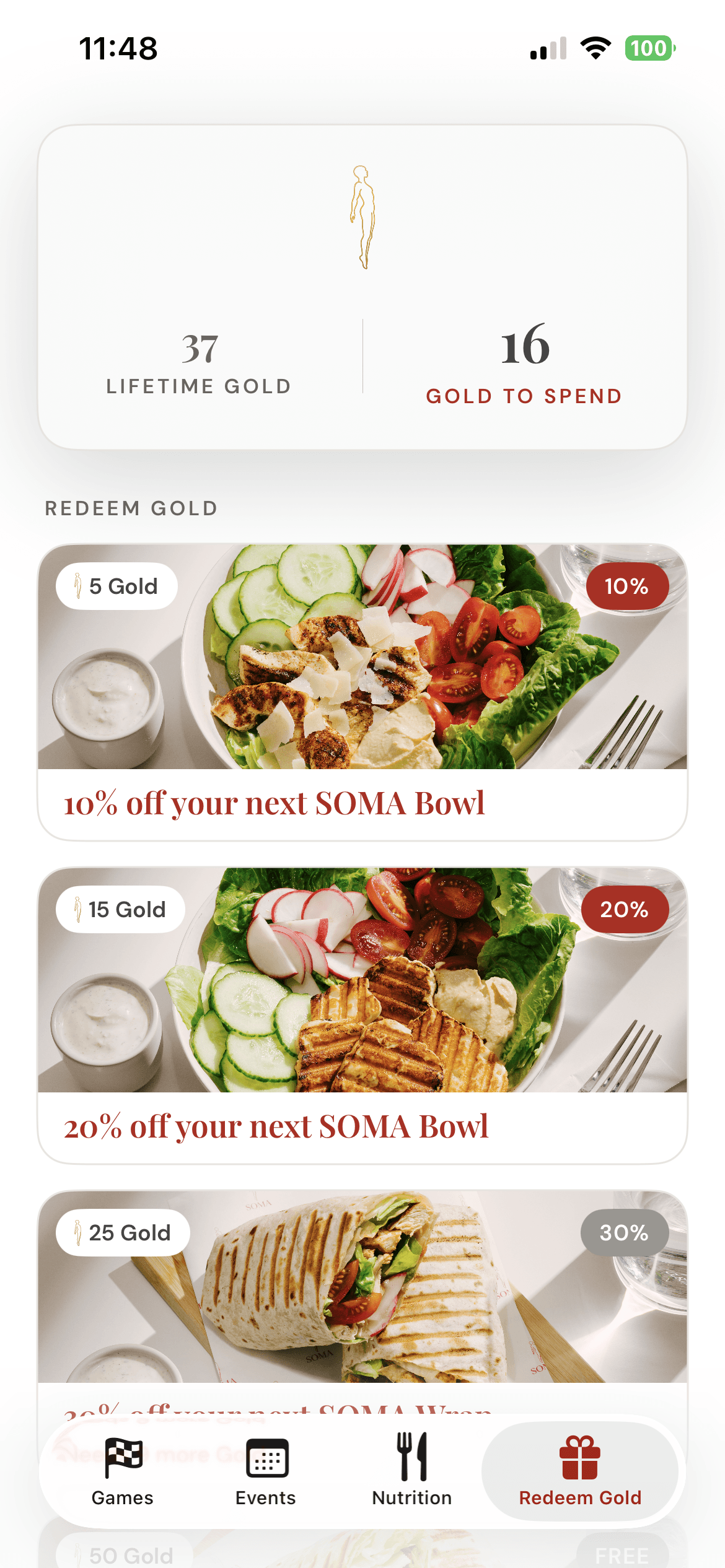 SOMA app Redeem Gold screen with rewards to trade Gold for